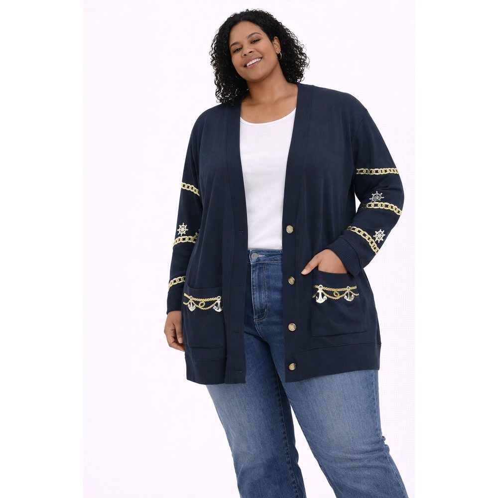Paris Vanessa Cardigan Women M Navy Nautical Anchor Gold Button Coastal‎ Sailor